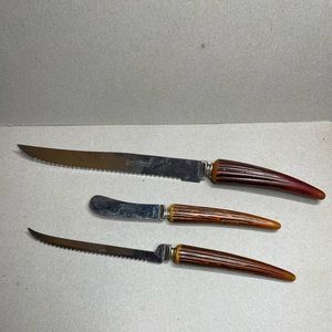 Set Of 3 Bakelite Faux Antler Vintage Knife set Regent (2 Sheffield Made N USA
